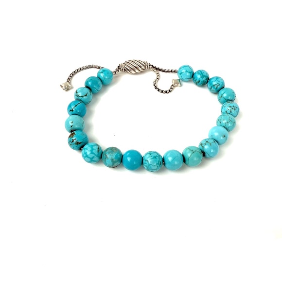 David Yurman Spiritual Bead Ball Blue Turquoise Adjustable Silver Bracelet - Picture 1 of 7